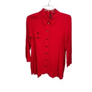 Ic By Connie K Top Button Front Blouse Button Back Red Textured Size Medium